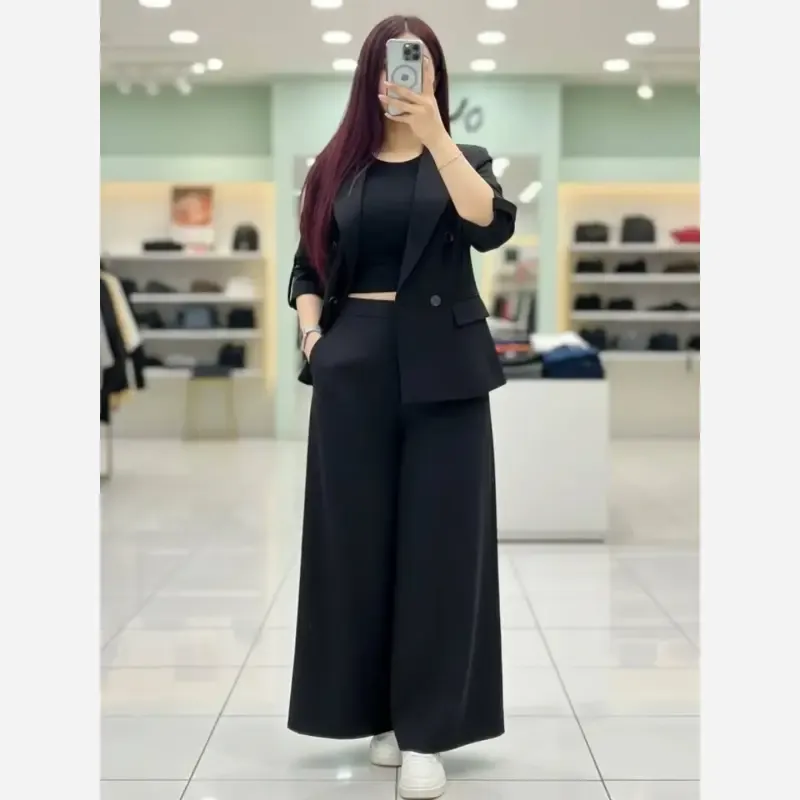 ست کت و شلوار پاییزه زنانه جنس سوپر مازراتی اعلا فری سایز رنگ مشکی و دودی - تصویر 2