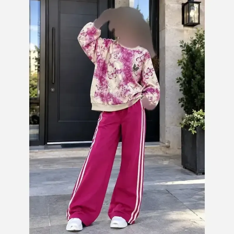 بلوز و شلوار دورس پنبه لاکرا طرح پروانه ترند مناسب 5 تا 12 سال رنگ زرشکی و سرخابی - تصویر 5